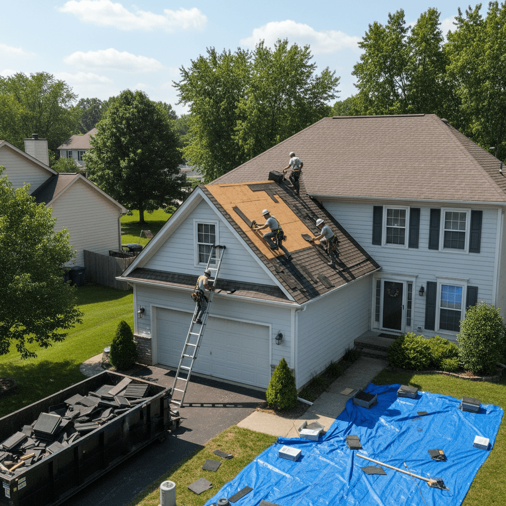 Roof repair team sealing flashing
