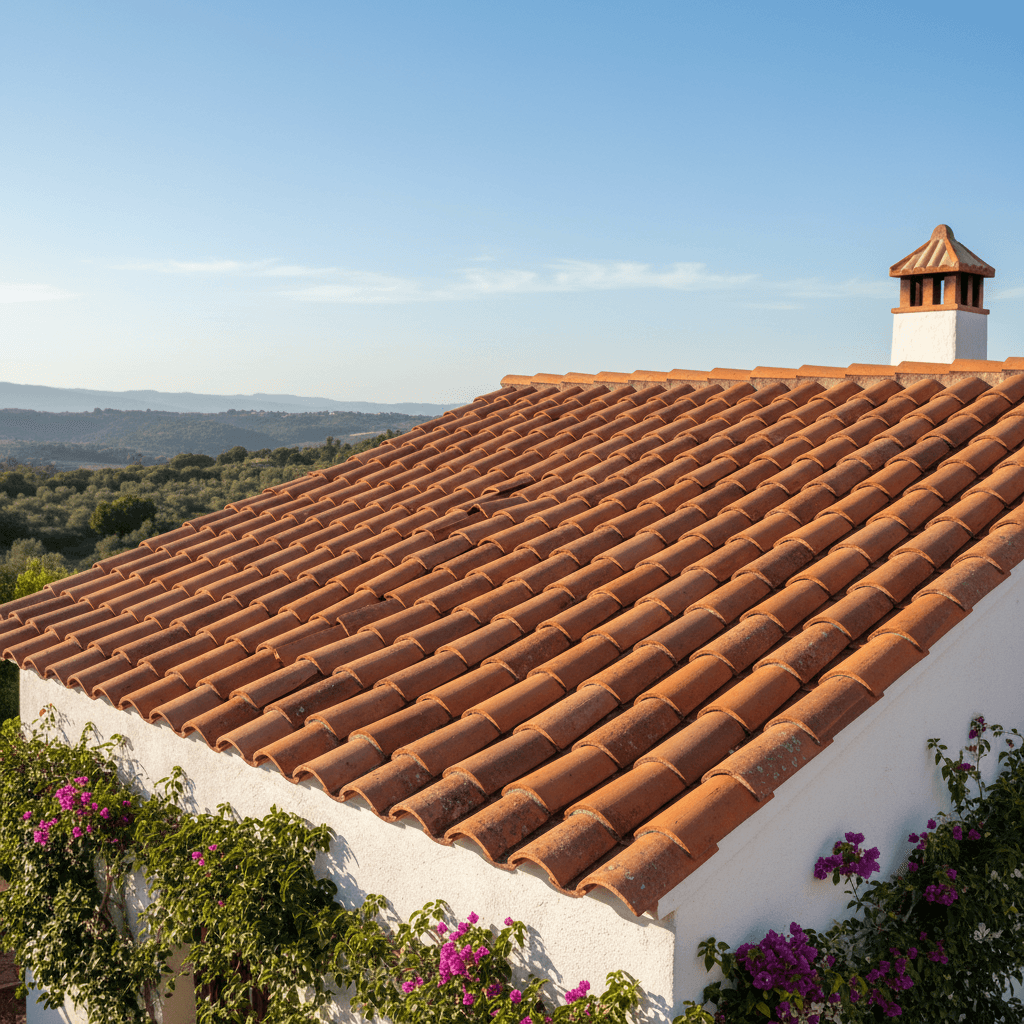 Tile roofing installation in progress